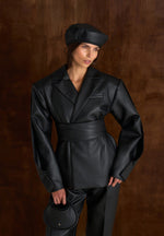 Marie - Twist Sleeve Leather Blazer with Belt - Black