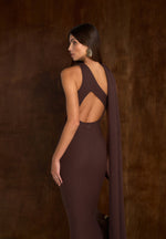 Laya - Asymmetric Knit Midaxi Dress With Scarf - Brown