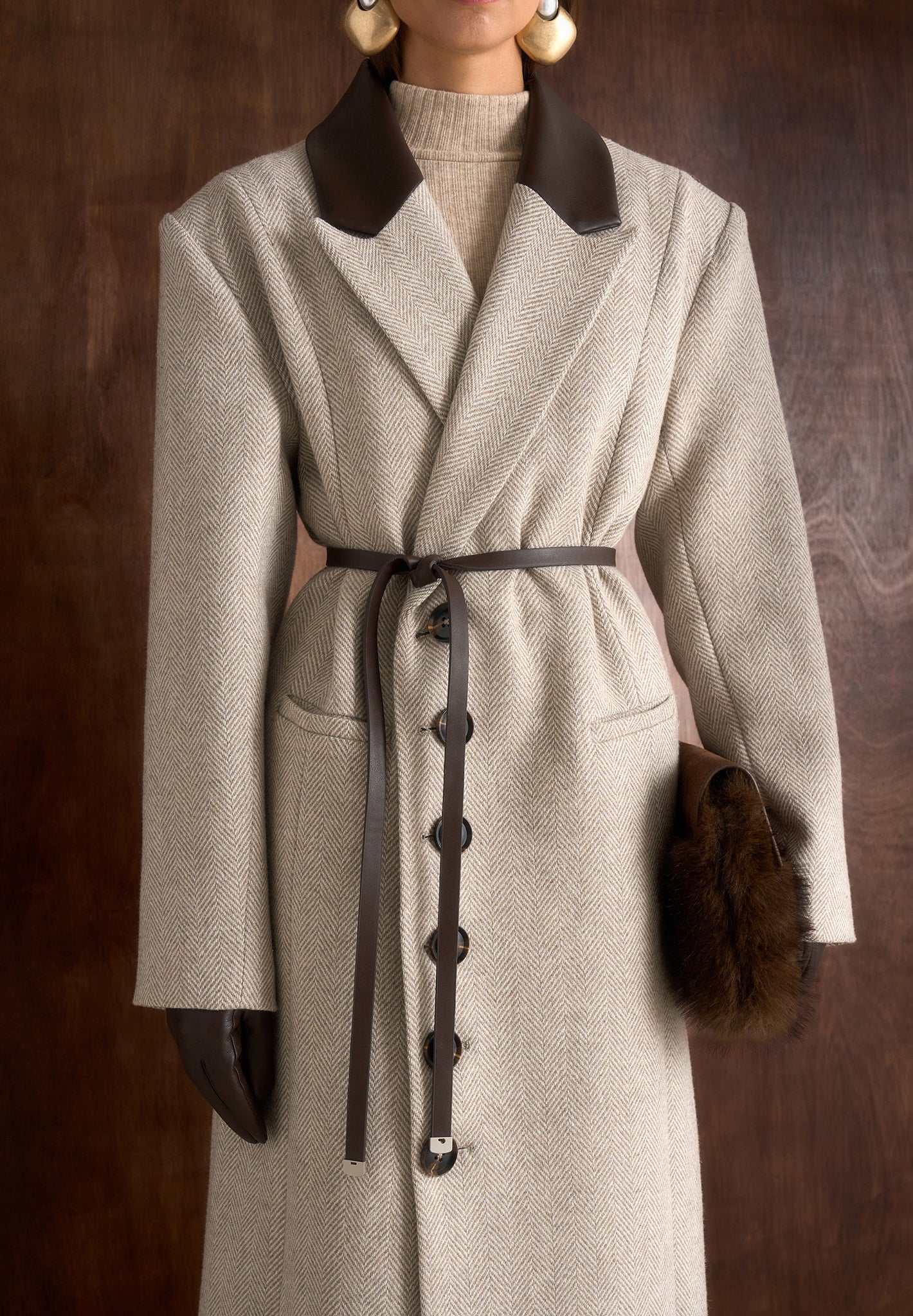 Anissa - Herringbone Wool Oversized Coat with Leather Belt - Beige