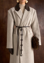 Anissa - Herringbone Wool Oversized Coat with Leather Belt - Beige