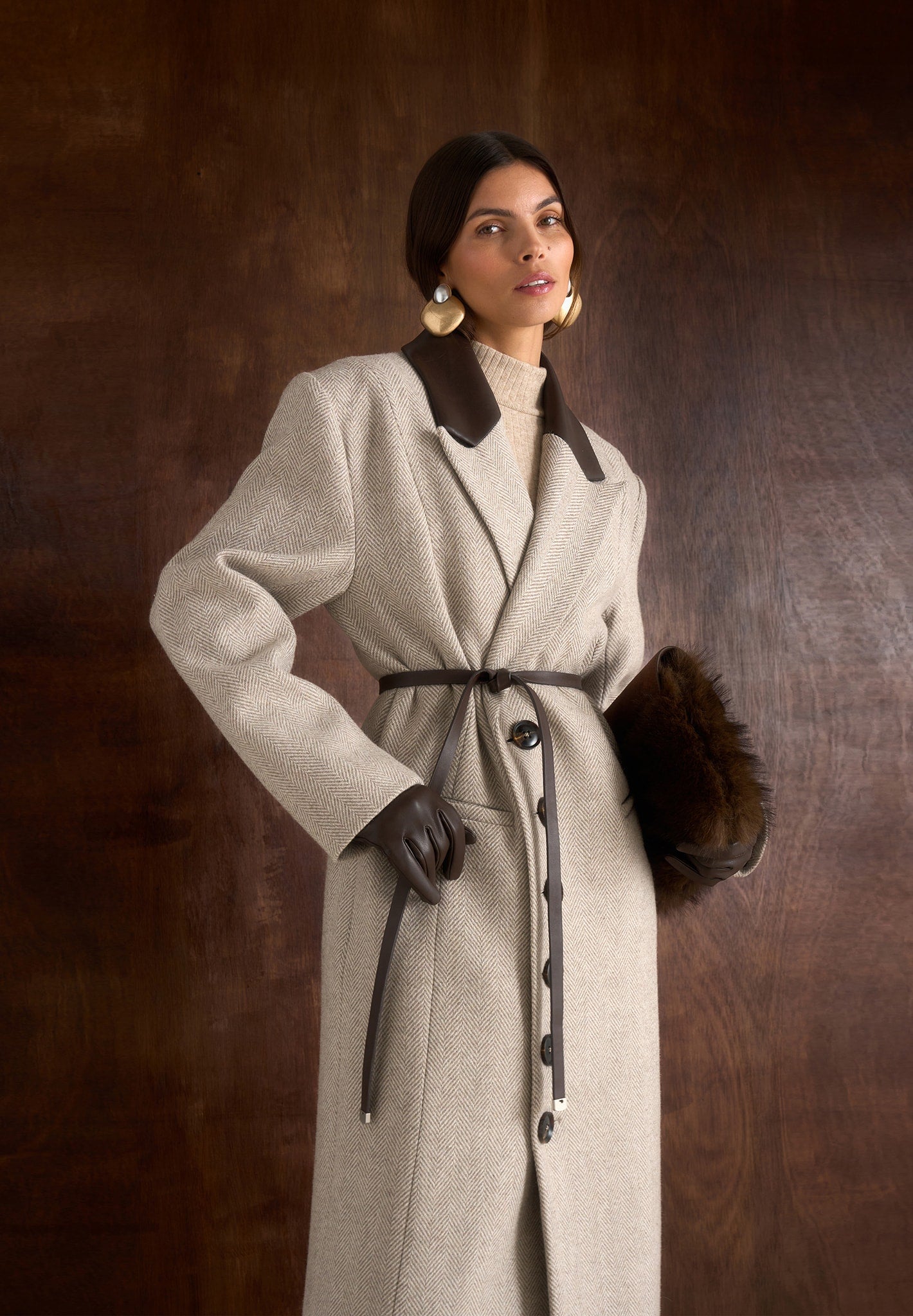 Anissa - Herringbone Wool Oversized Coat with Leather Belt - Beige