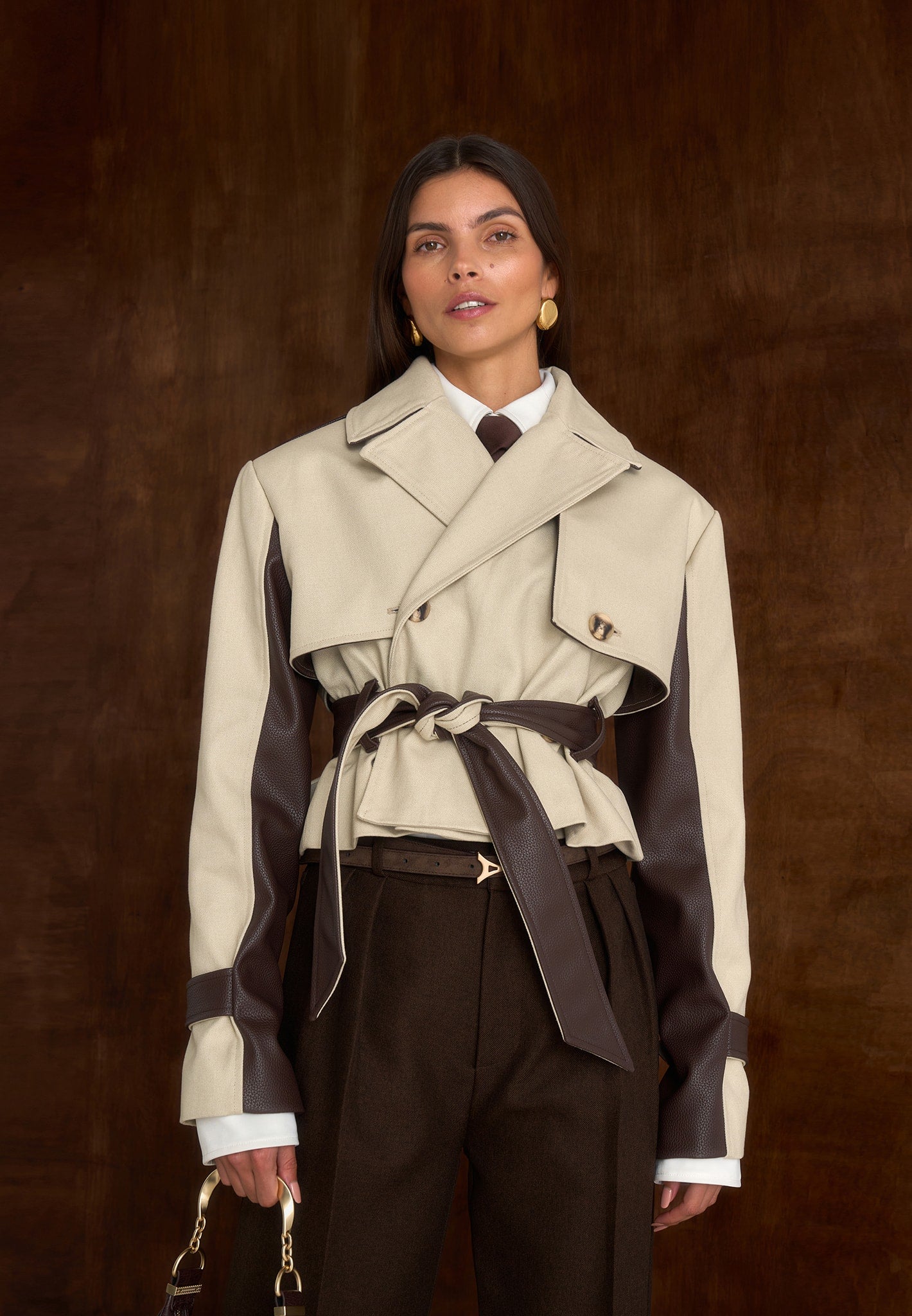 Lelia - Cropped Gabardine Trench Coat With Belt - Beige/Brown
