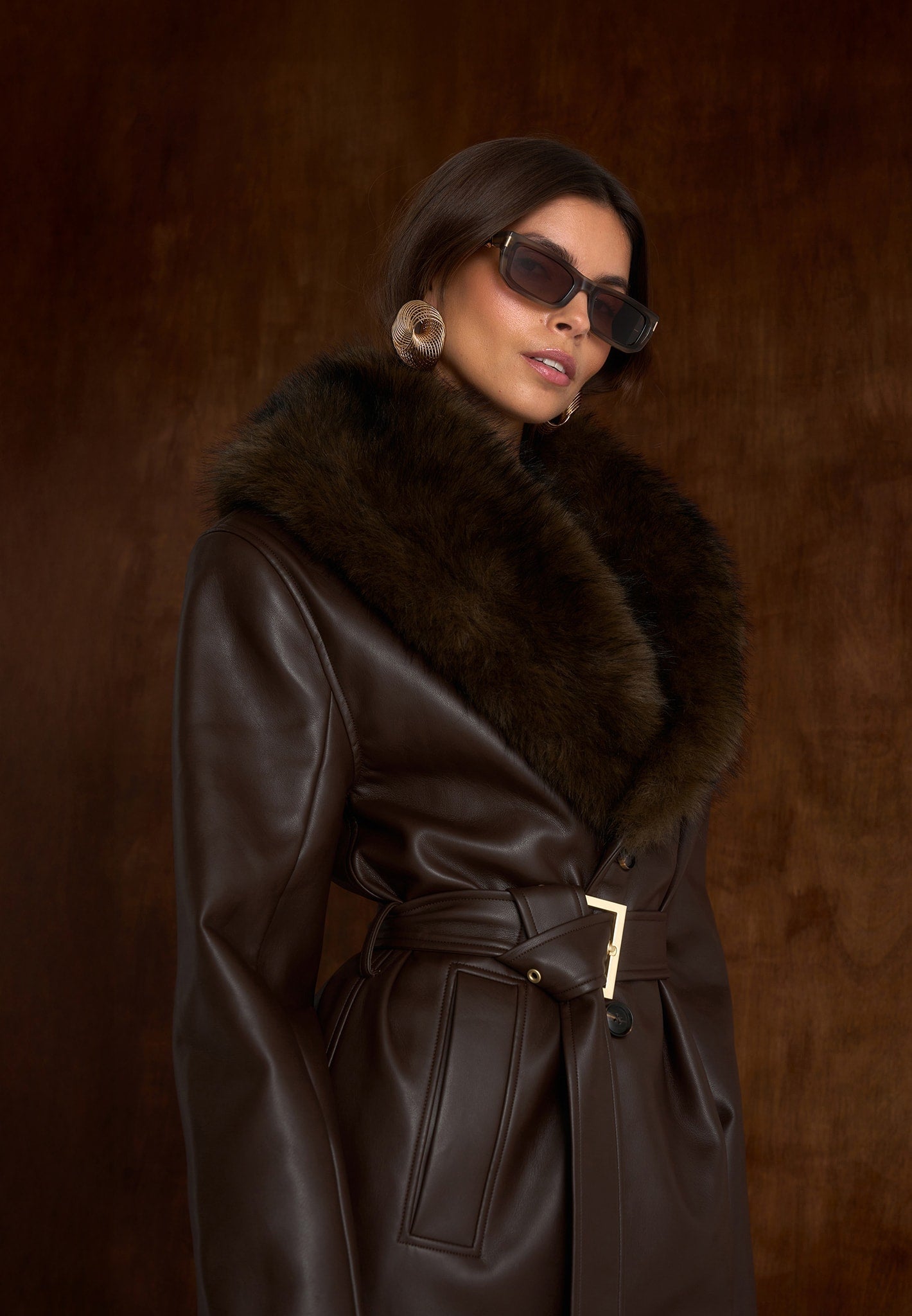 Cenya - Fur Collar Belted Leather Coat - Brown 
