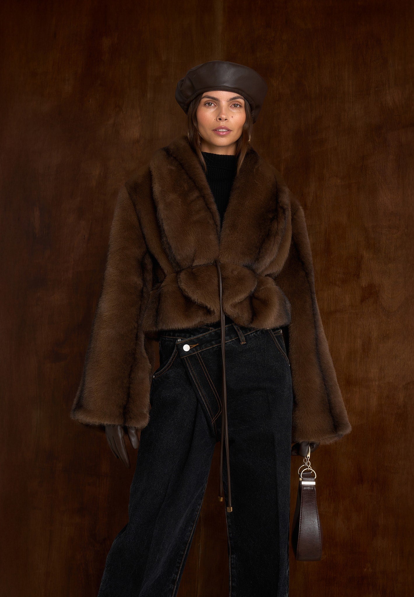 Nola - Fur Shawl Jacket with Leather Belt - Brown 