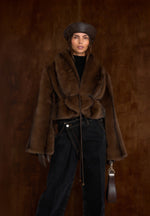 Nola - Fur Shawl Jacket with Leather Belt - Brown