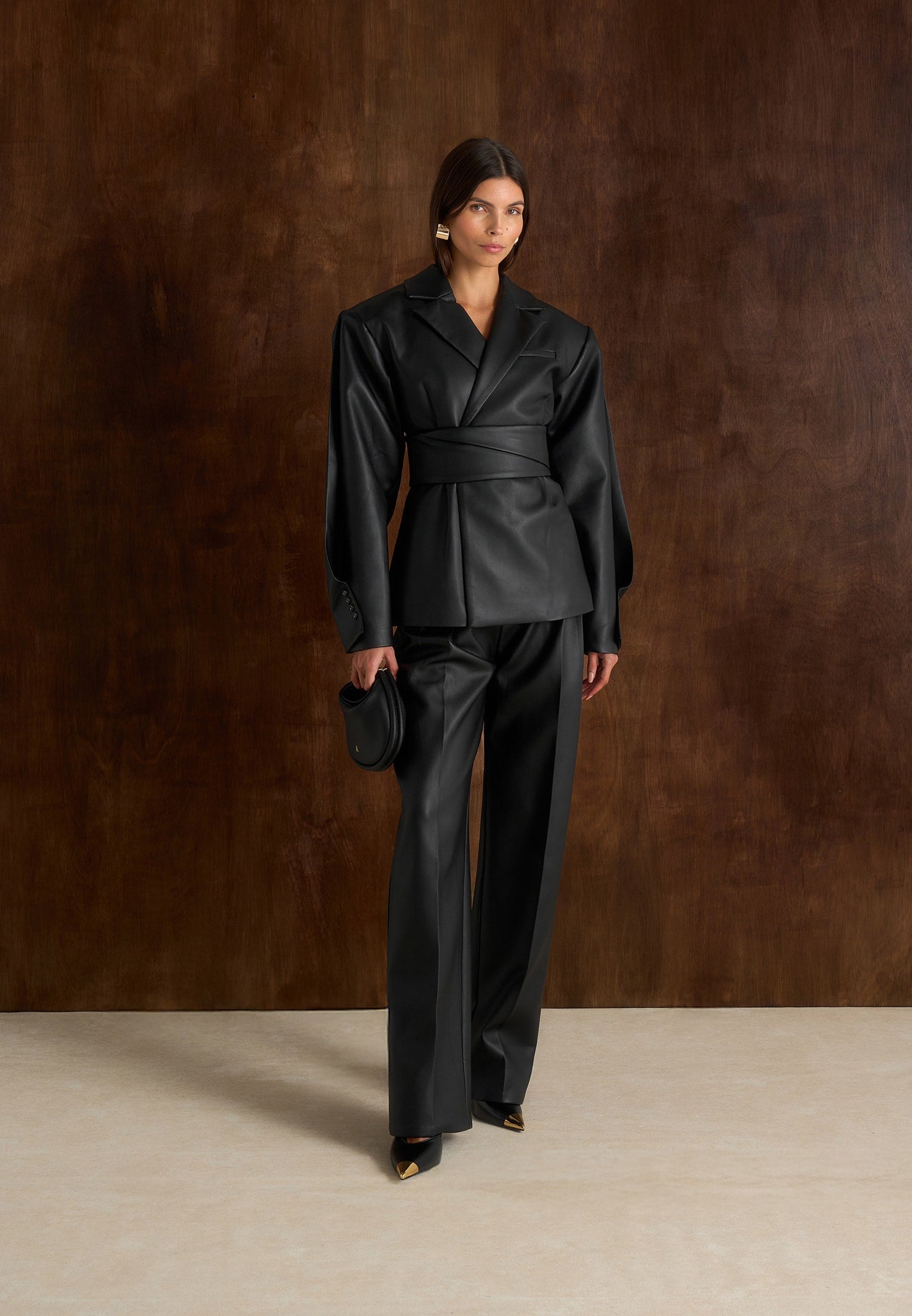 Marie Twist Sleeve Leather Blazer with Belt Black Manière De