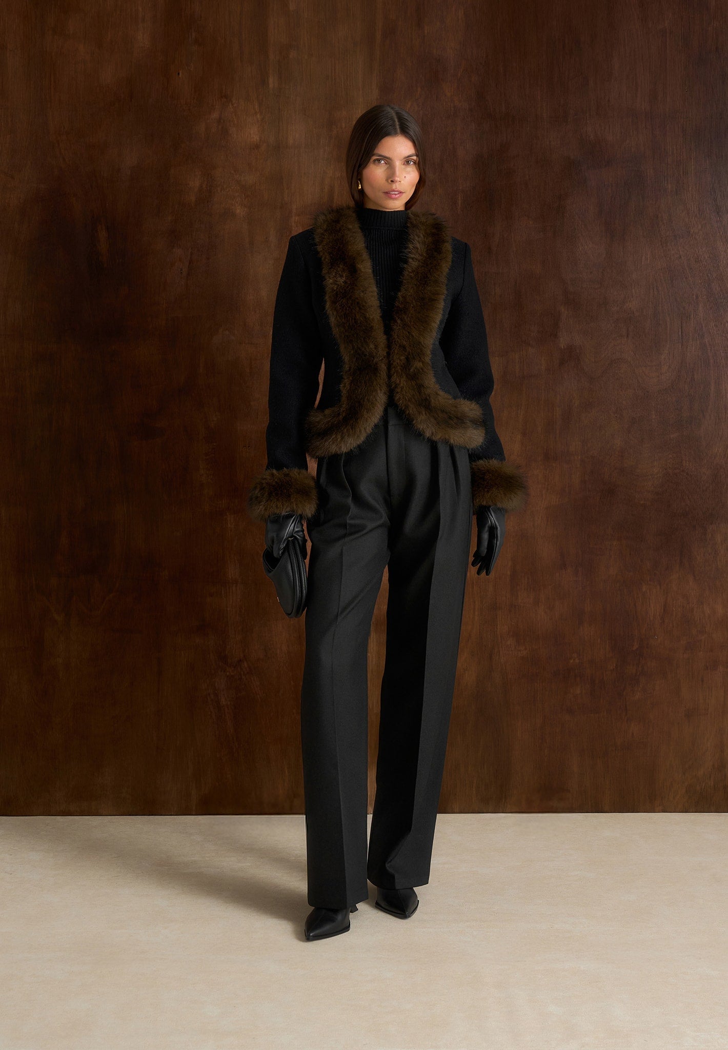 Lina - Sculpted Wool & Fur Trim Jacket - Black 
