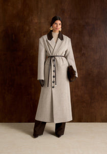 Anissa - Herringbone Wool Oversized Coat with Leather Belt - Beige