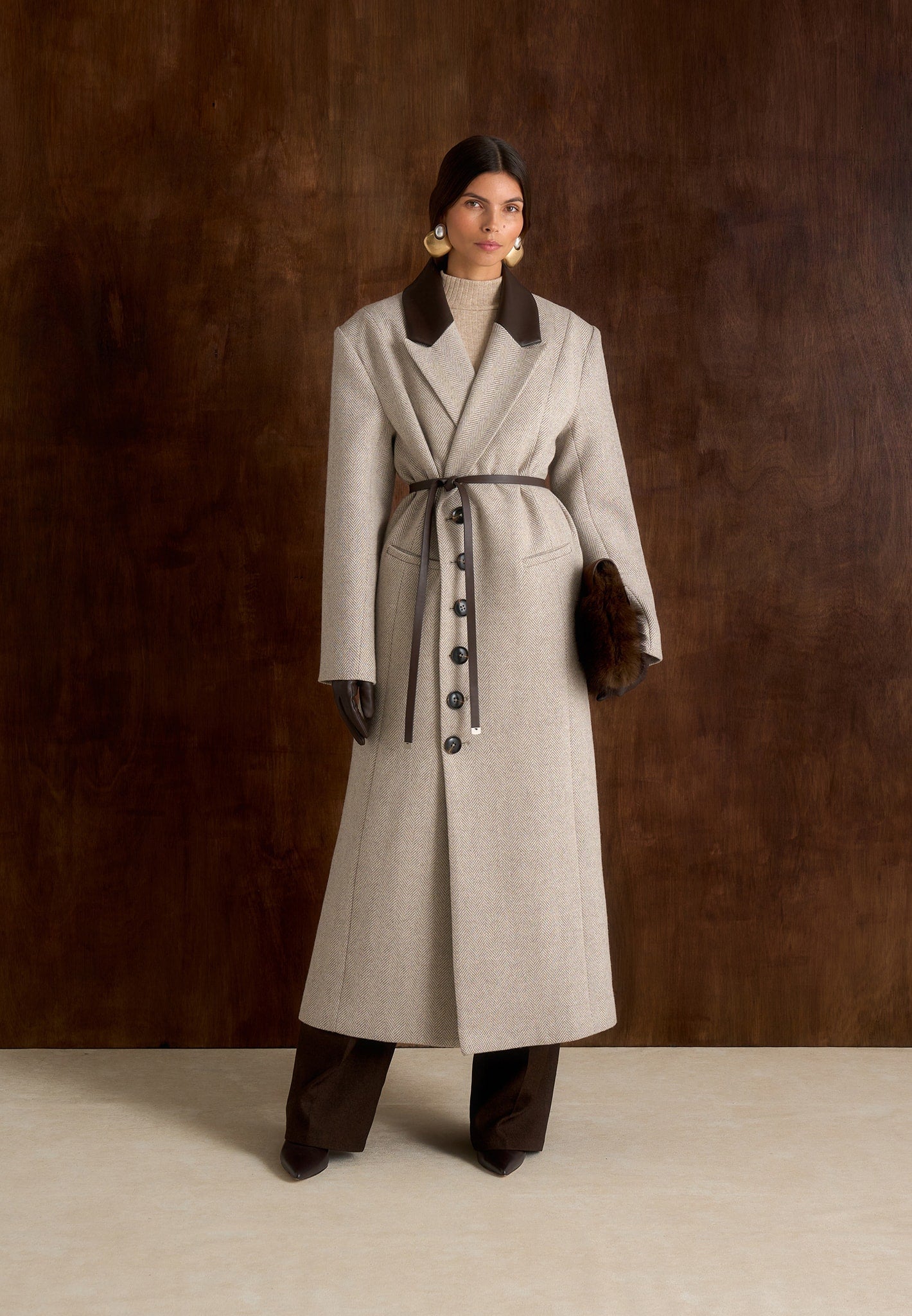 Anissa - Herringbone Wool Oversized Coat with Leather Belt - Beige 