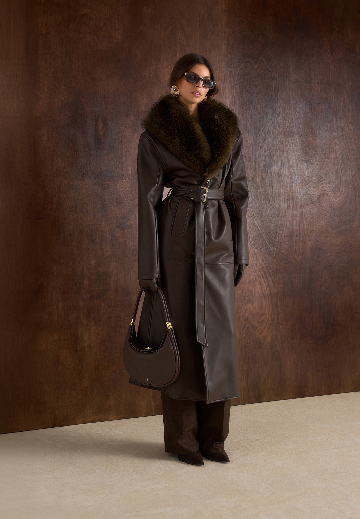 Cenya - Fur Collar Belted Leather Coat - Brown