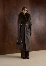 Cenya - Fur Collar Belted Leather Coat - Brown