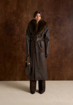Cenya - Fur Collar Belted Leather Coat - Brown