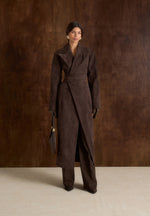 Esma - Suede Asymmetric Coat with Cinch Belt - Brown