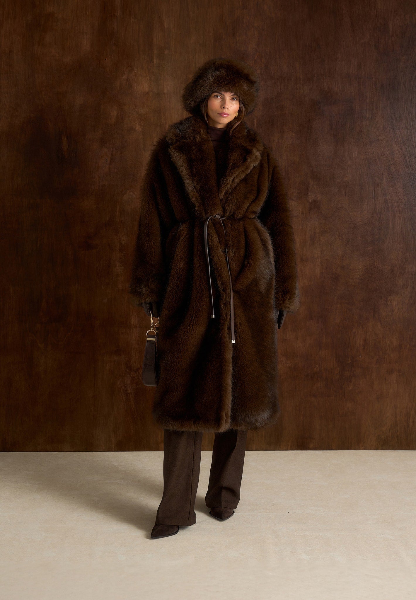 Bria - Oversized Fur Coat With Leather Belt - Brown 