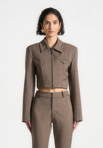 Adina - Wide Shoulder Tailored Jacket - Dark Taupe