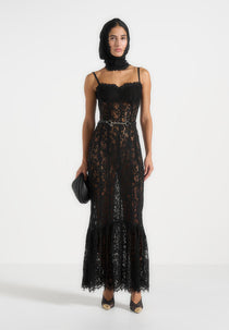 Freya - Belted Lace Maxi Dress - Black