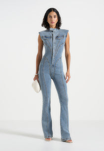 Annette - Seam Detail Fit & Flare Denim Jumpsuit - Mid Blue