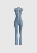 Annette - Seam Detail Fit & Flare Denim Jumpsuit - Mid Blue