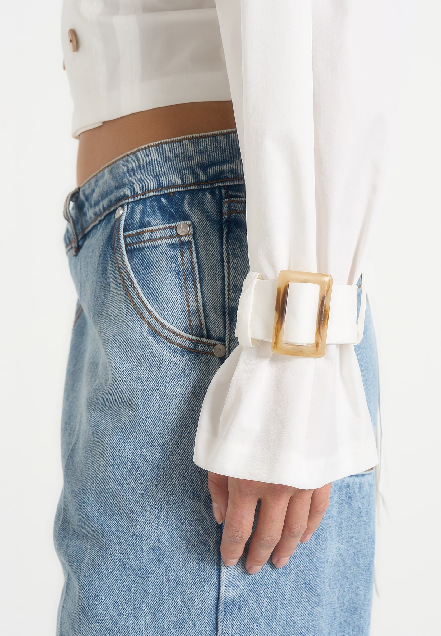 Andrea - Cropped Double-Breasted Open Back Tie Shirt - White