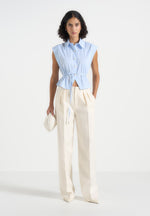 Malia - Sleeveless Tie Waist Cropped Shirt - Pale Blue