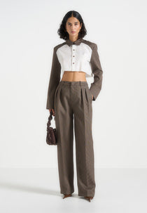 Bernadette - Houndstooth Cotton Cropped Shirt - White/Brown