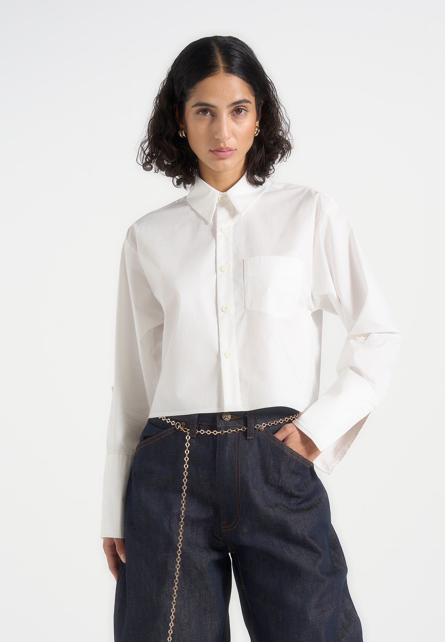 Maura - Oversized Cropped Roll Sleeve Cotton Shirt - White