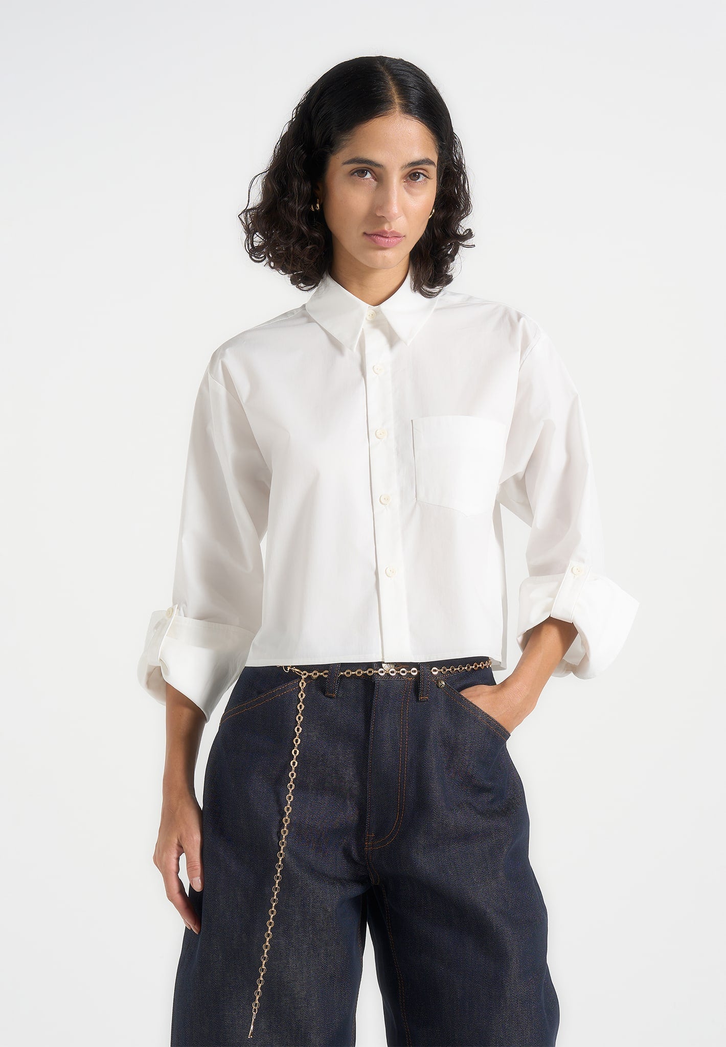 Maura - Oversized Cropped Roll Sleeve Cotton Shirt - White 