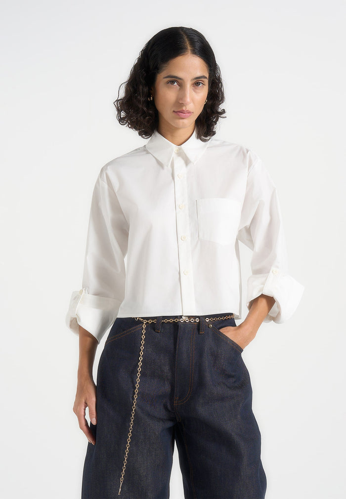 Maura - Oversized Cropped Roll Sleeve Cotton Shirt - White