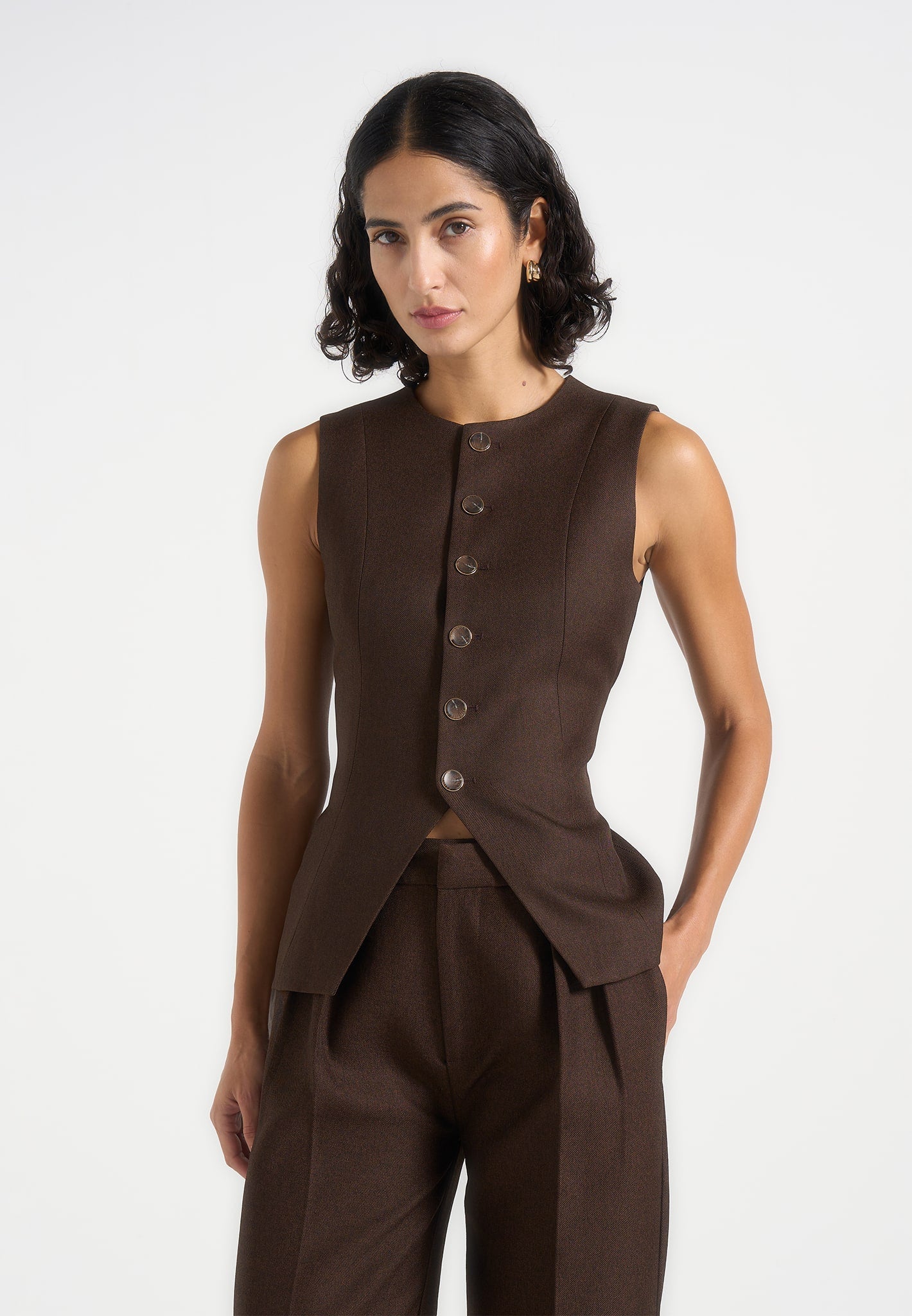 Maisie - Tailored Crew Neck Cinch Waistcoat - Brown