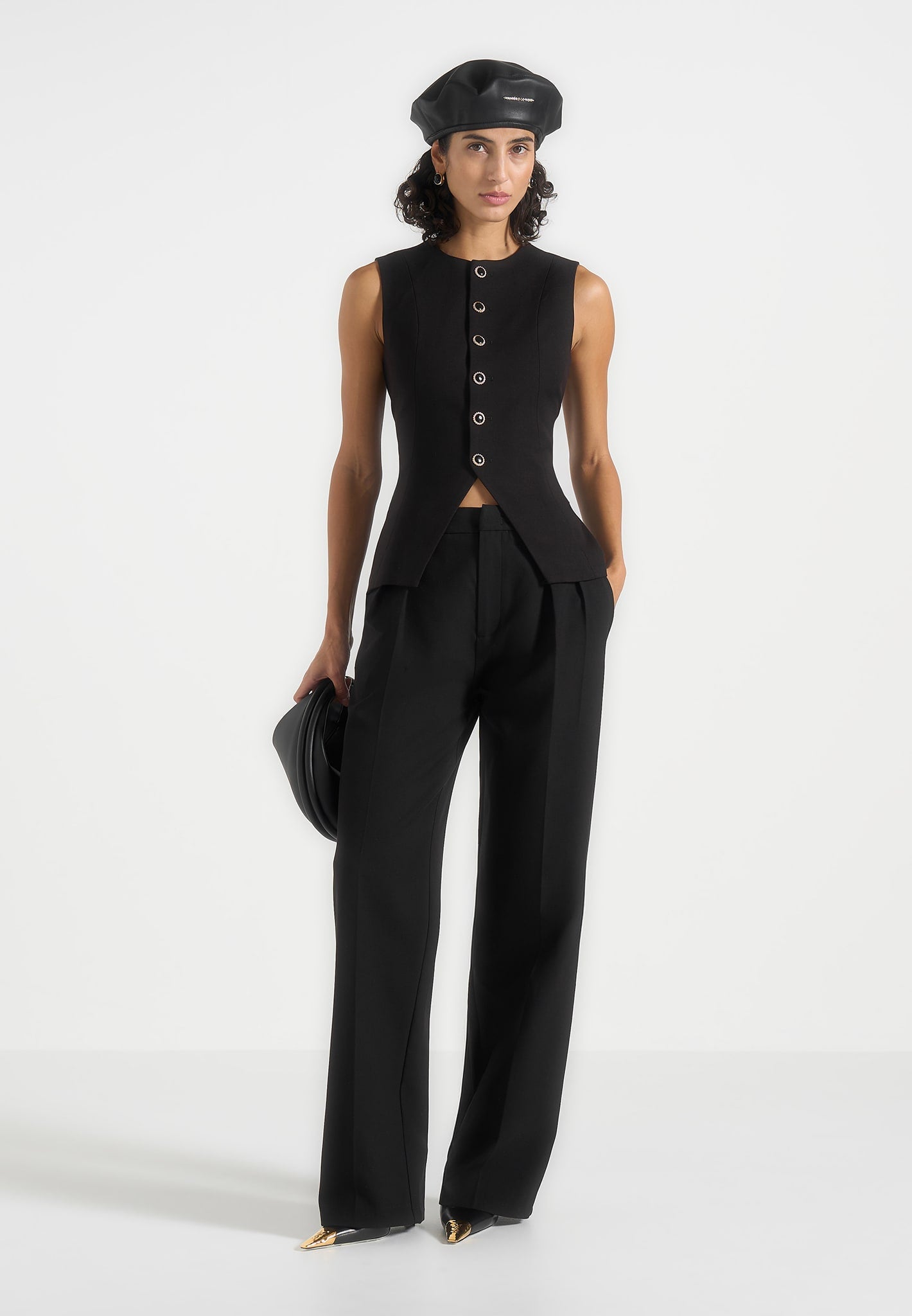 Maisie - Tailored Crew Neck Cinch Waistcoat - Black