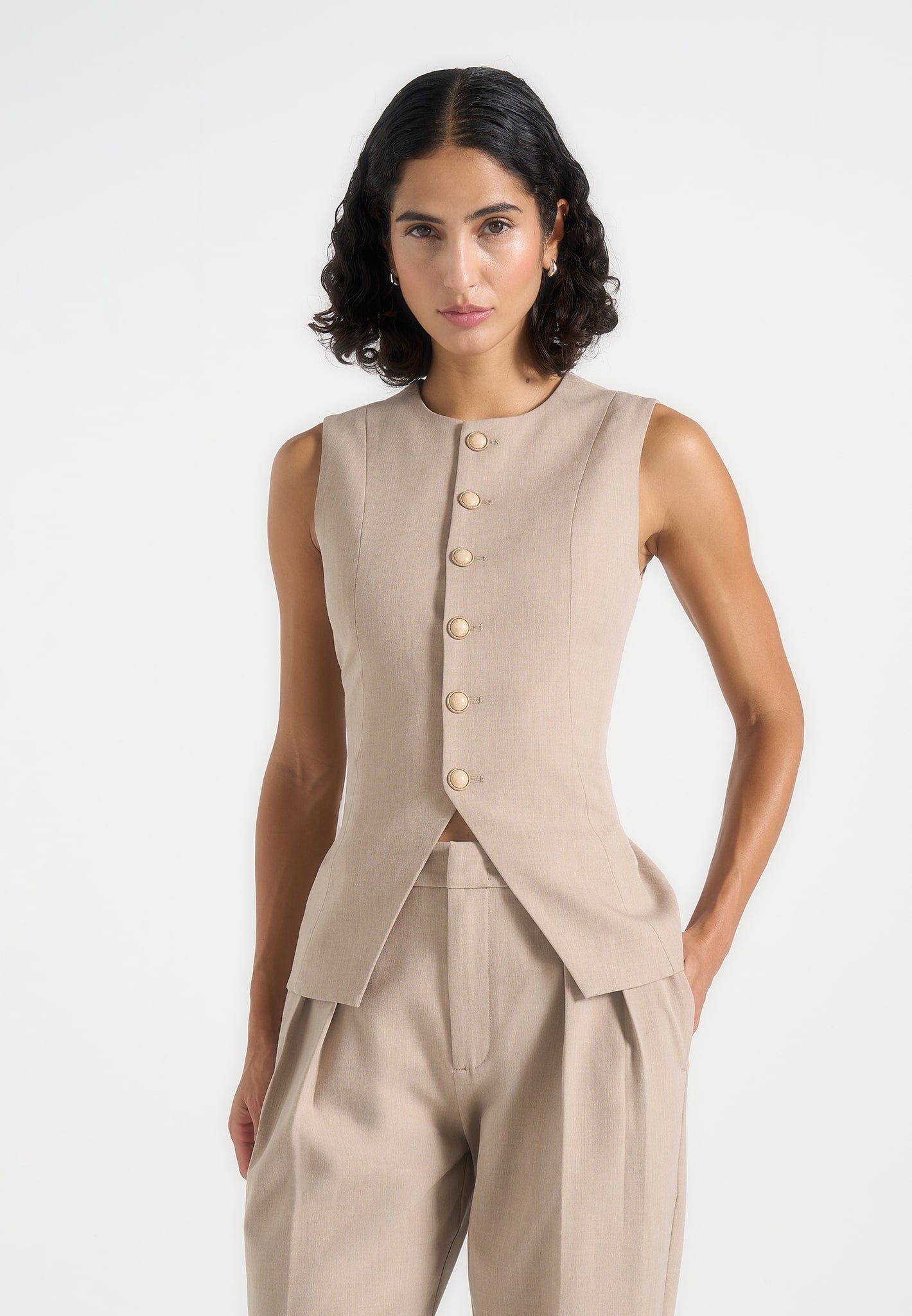 Maisie - Tailored Crew Neck Cinch Waistcoat - Beige 