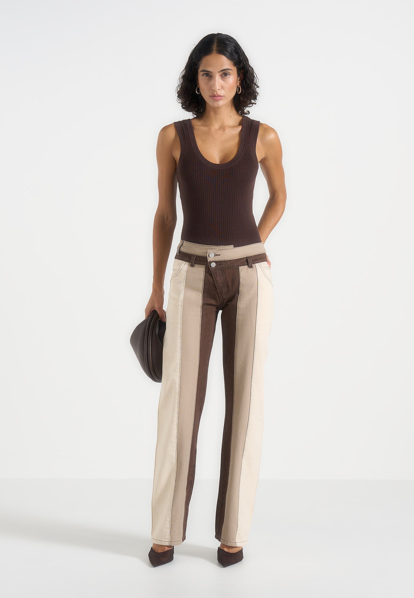 Jacinda - Colour Block Denim Jeans - Beige/Brown 