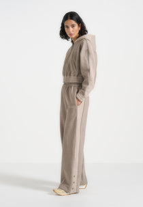 Caya - Two Tone Wide Leg Popper Joggers - Taupe