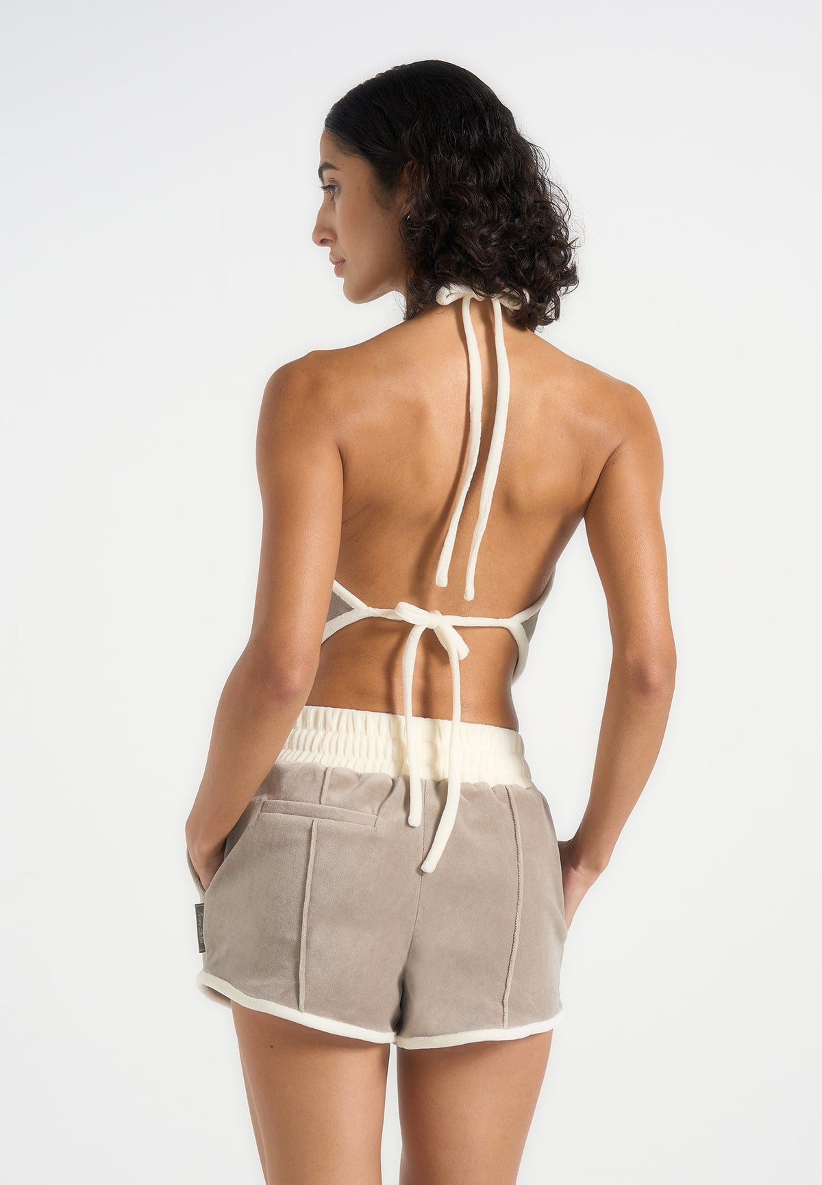 Malena - Contrast Velour Halter Top - Beige