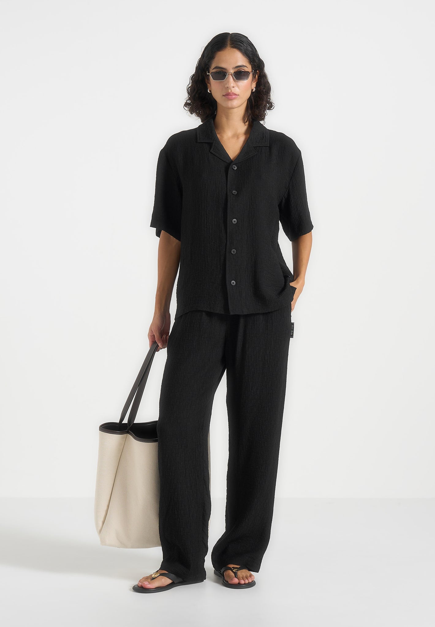 Addison - Unisex Textured Relaxed Fit Trousers - Black