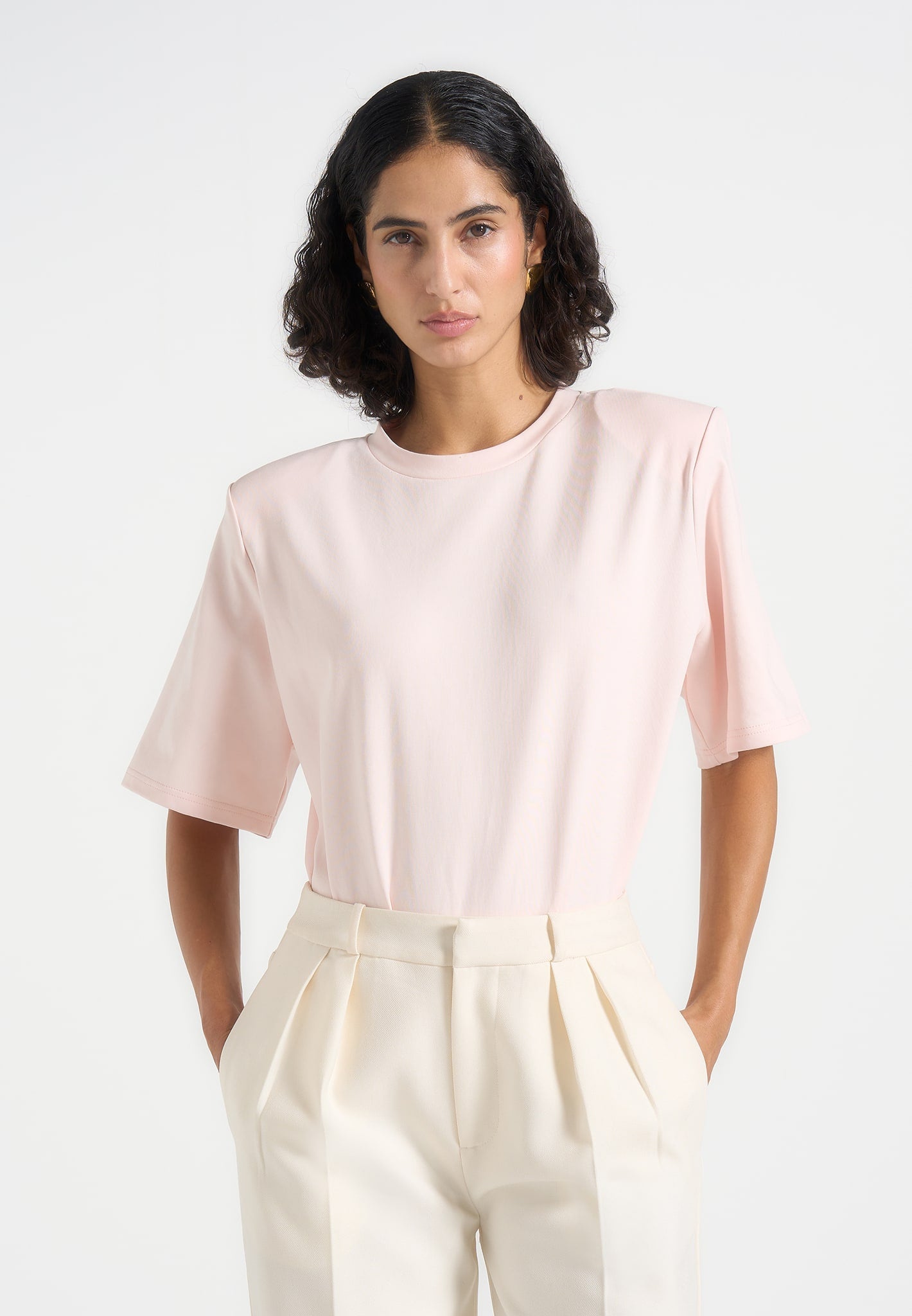 BS002 - Wide Shoulder Bodysuit T-Shirt - Pale Pink 