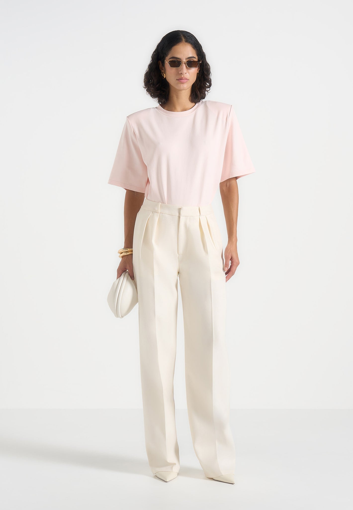 BS002 - Wide Shoulder Bodysuit T-Shirt - Pale Pink 