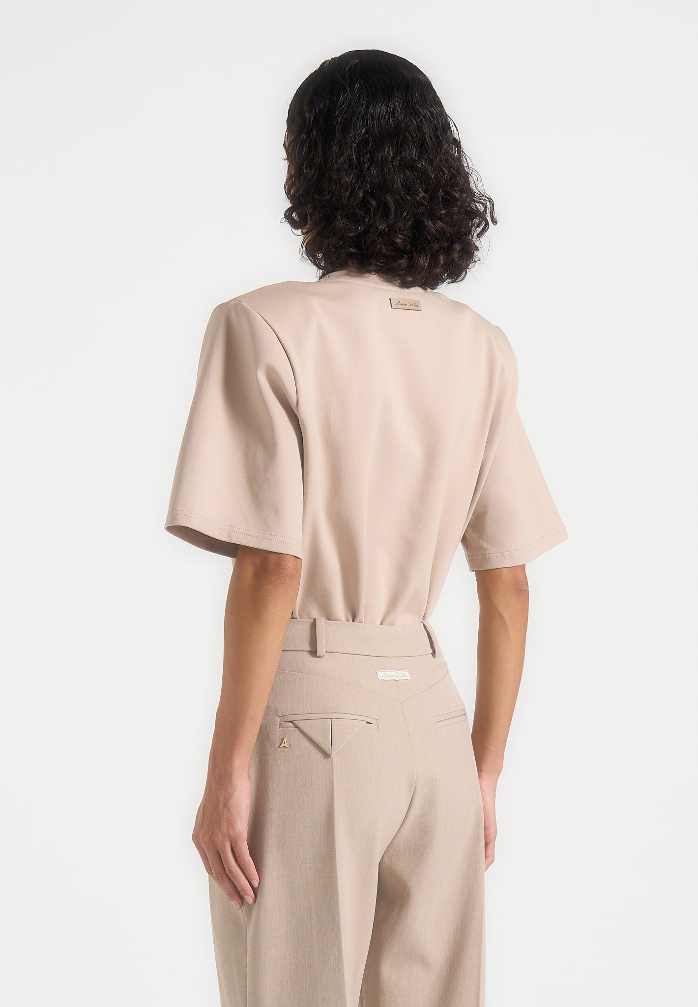 BS002 - Wide Shoulder Bodysuit T-Shirt - Beige