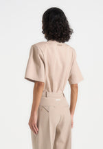 BS002 - Wide Shoulder Bodysuit T-Shirt - Beige