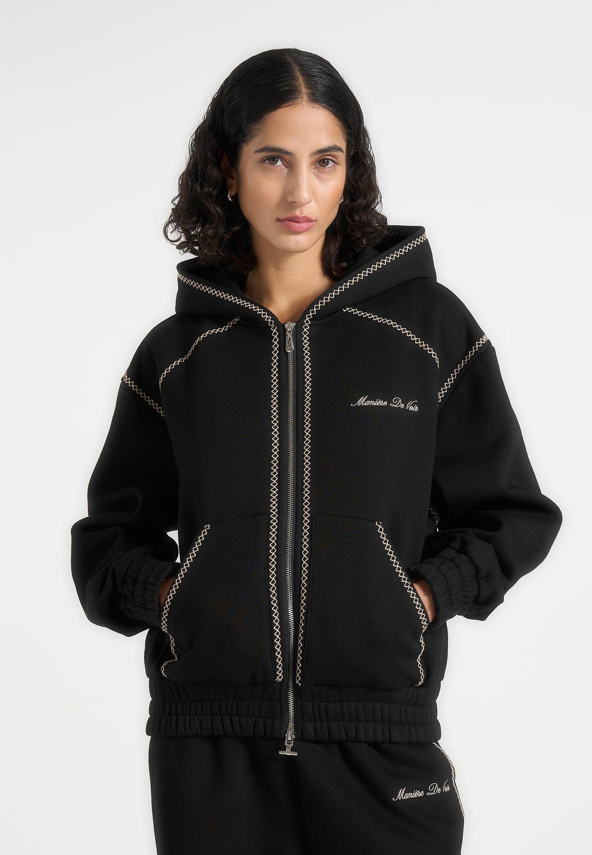 Ollie - Unisex Whipstitch Raglan Effect Zip Hoodie - Black