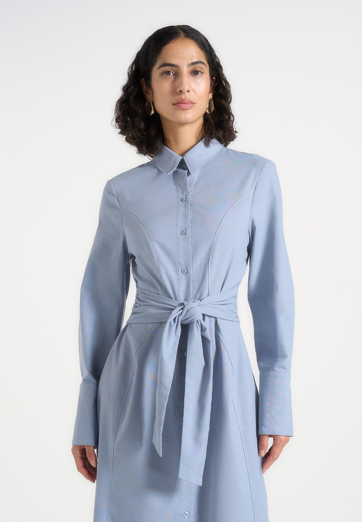 Fern - Linen Midi Shirt Dress With Tie Waist - Blue