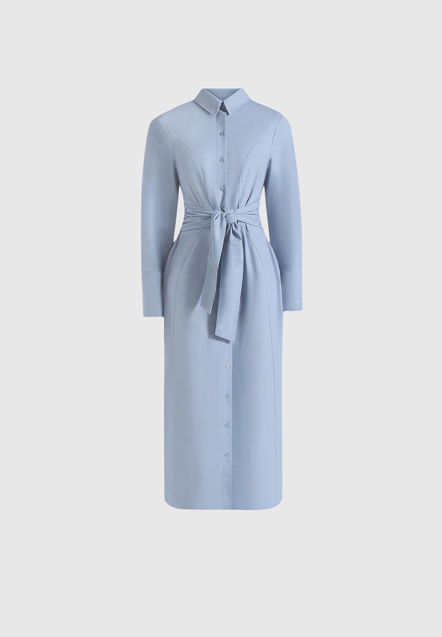 Fern - Linen Midi Shirt Dress With Tie Waist - Blue