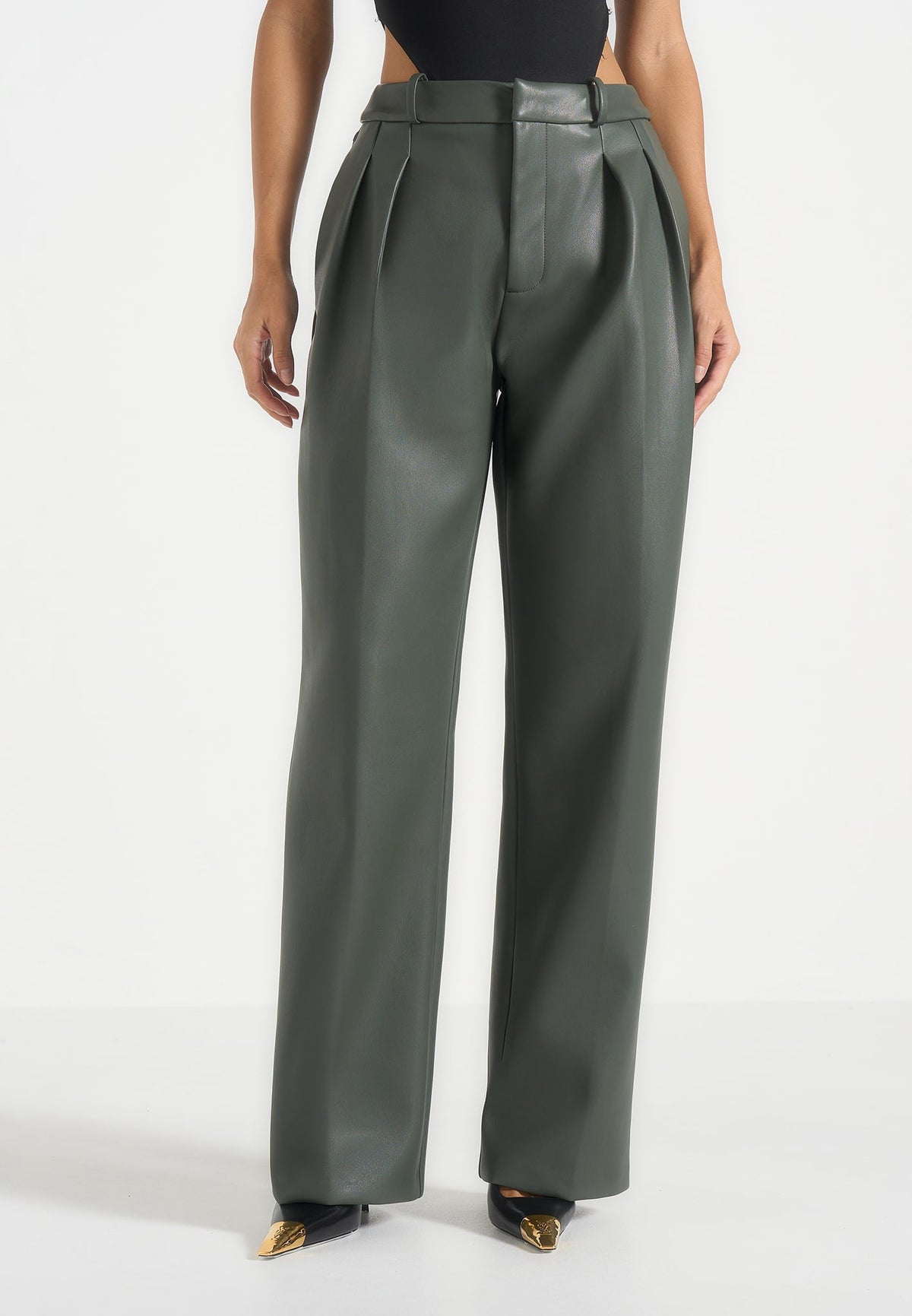 Julie - Leather Twin Pleat Pants - Olive