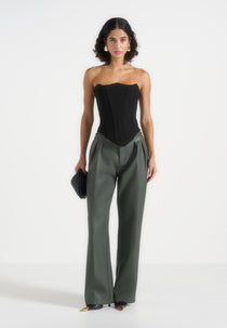 Julie - Leather Twin Pleat Pants - Olive