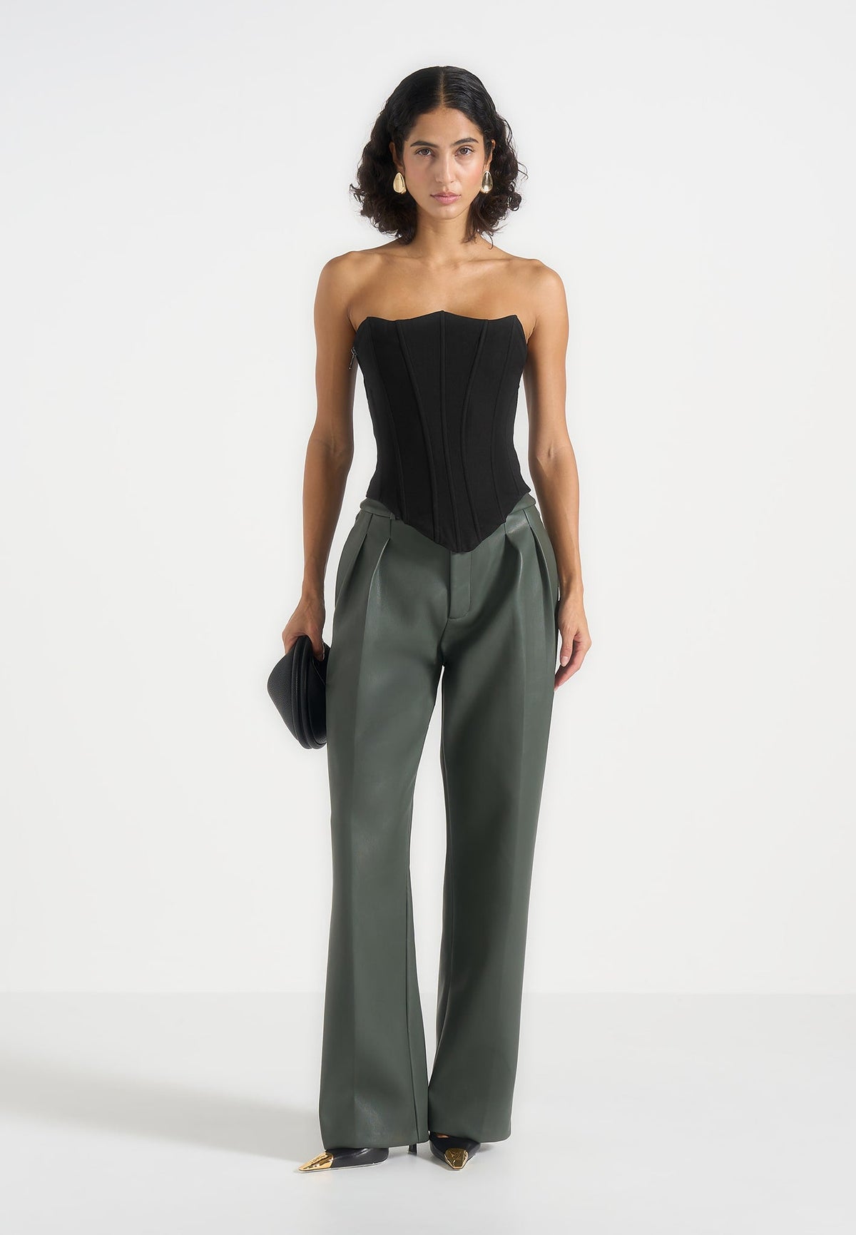 Julie - Leather Twin Pleat Pants - Olive