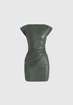 Tina - Leather Boat Neck Ruched Dress - Olive