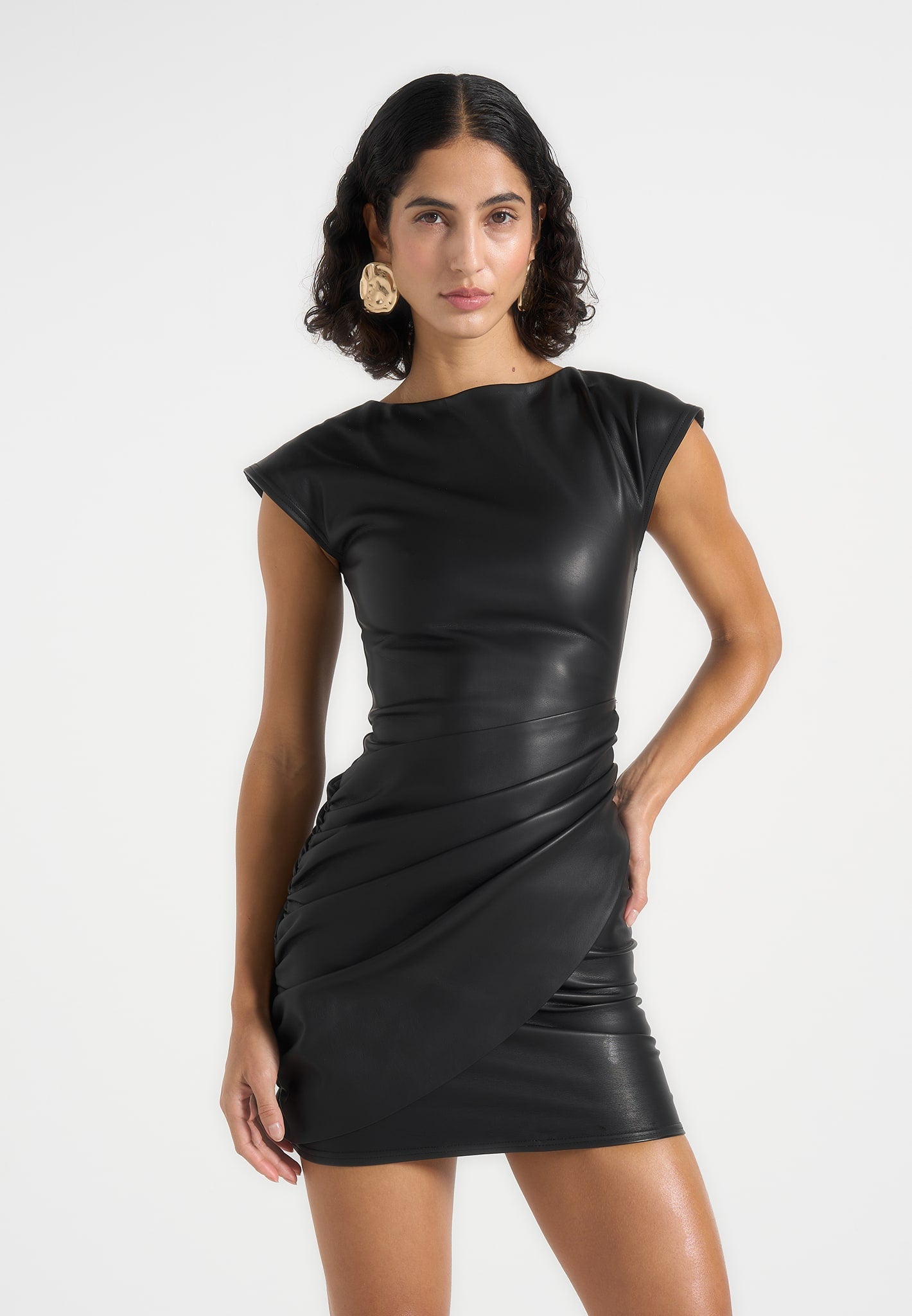 tina-leather-boat-neck-ruched-dress-black