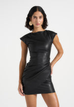 tina-leather-boat-neck-ruched-dress-black