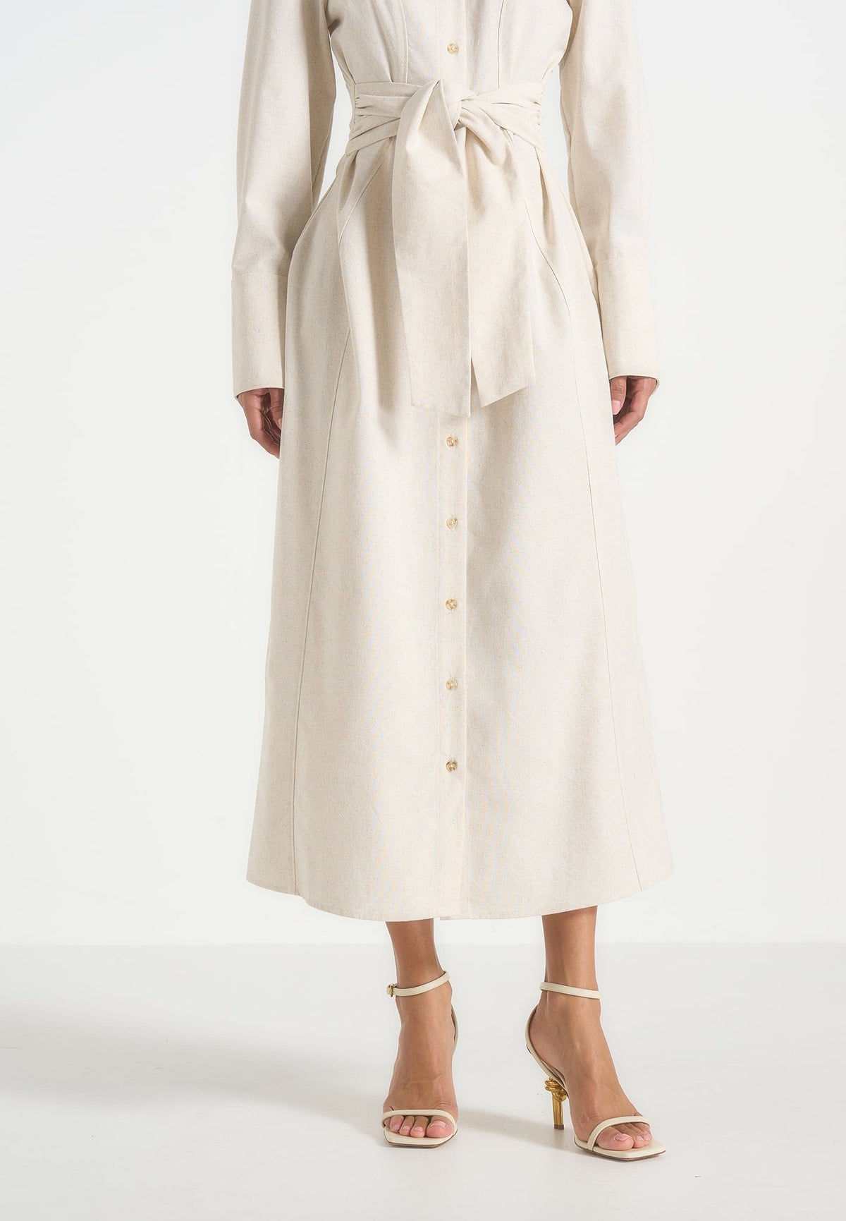Fern - Linen Midi Shirt Dress With Tie Waist - Natural
