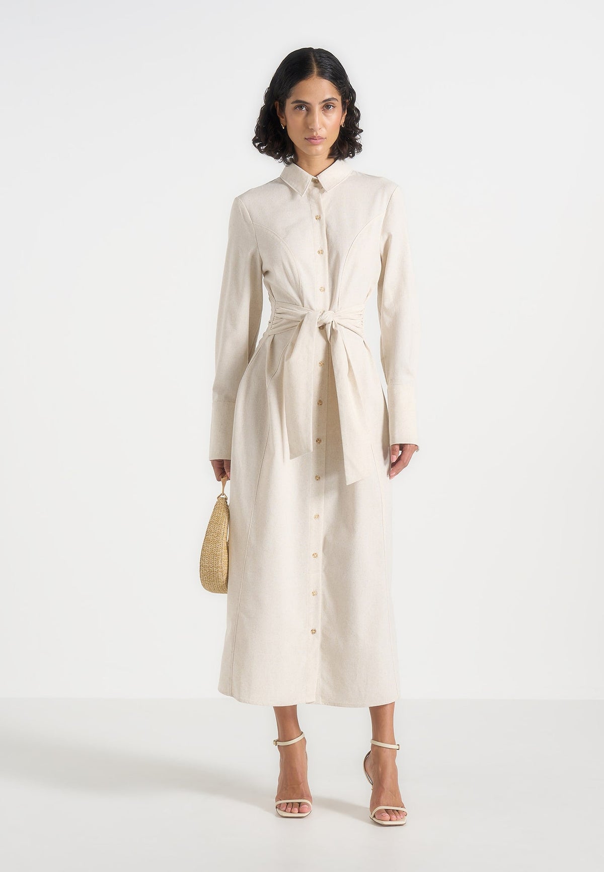 Fern - Linen Midi Shirt Dress With Tie Waist - Natural